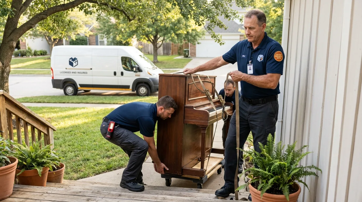Licensed piano movers securing grand piano in Jal, NM