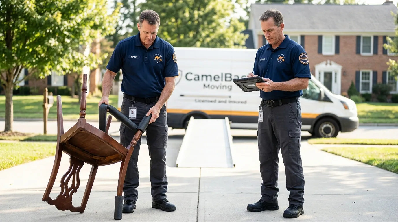 Movers inspecting furniture for damage prevention before loading in Jal, NM