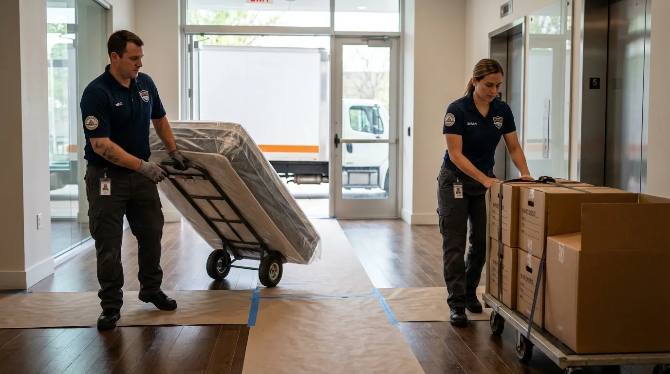 Professional apartment movers loading elevator in Jal, NM